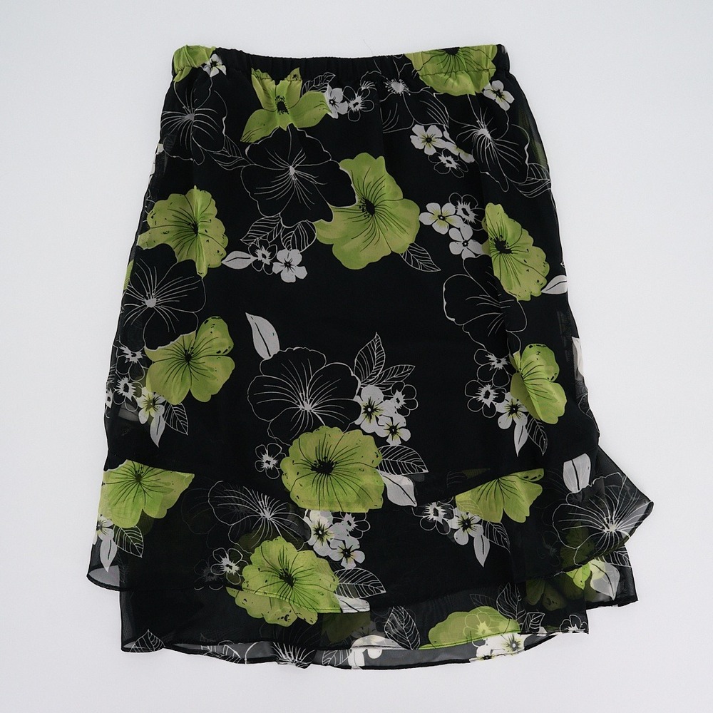 Unknown Brand Black & Lime Green Floral Midi Skirt Tiered Ruffle Hem